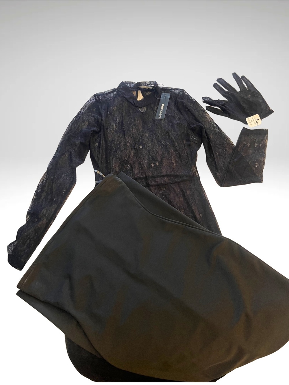Fashion Nova Black Lace High-Neck Long Sleeve maxi dress w/satin slip & gloves